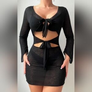 2/$50 NEW Women's Cutout Twisted Long Sleeved Bodycon Cover Up Black-(#1,478)